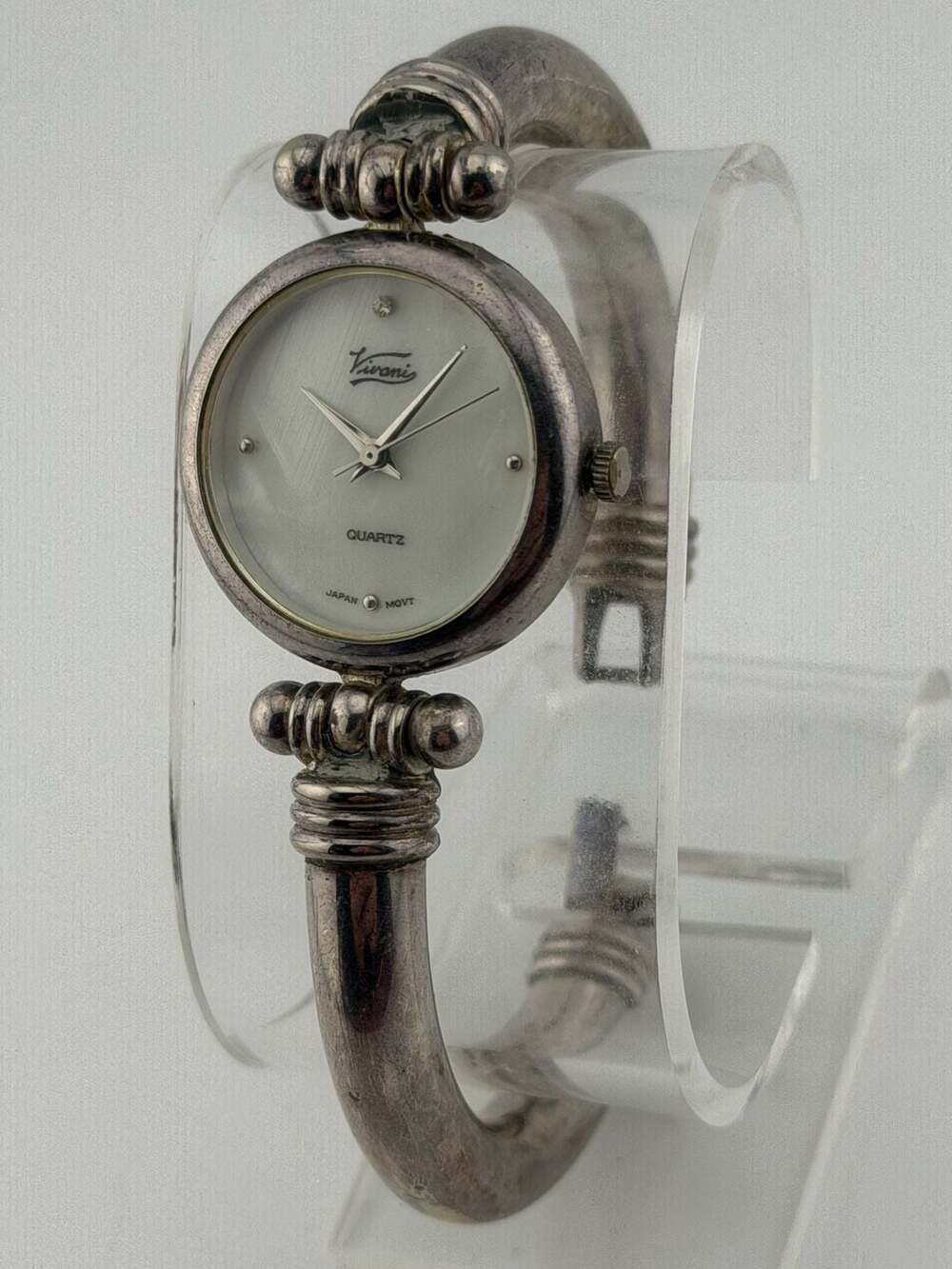 BOGO!-Vivani Silver Tone Analog Clasped Bangle Watch MOP Dial 28mm NEW BATTERY